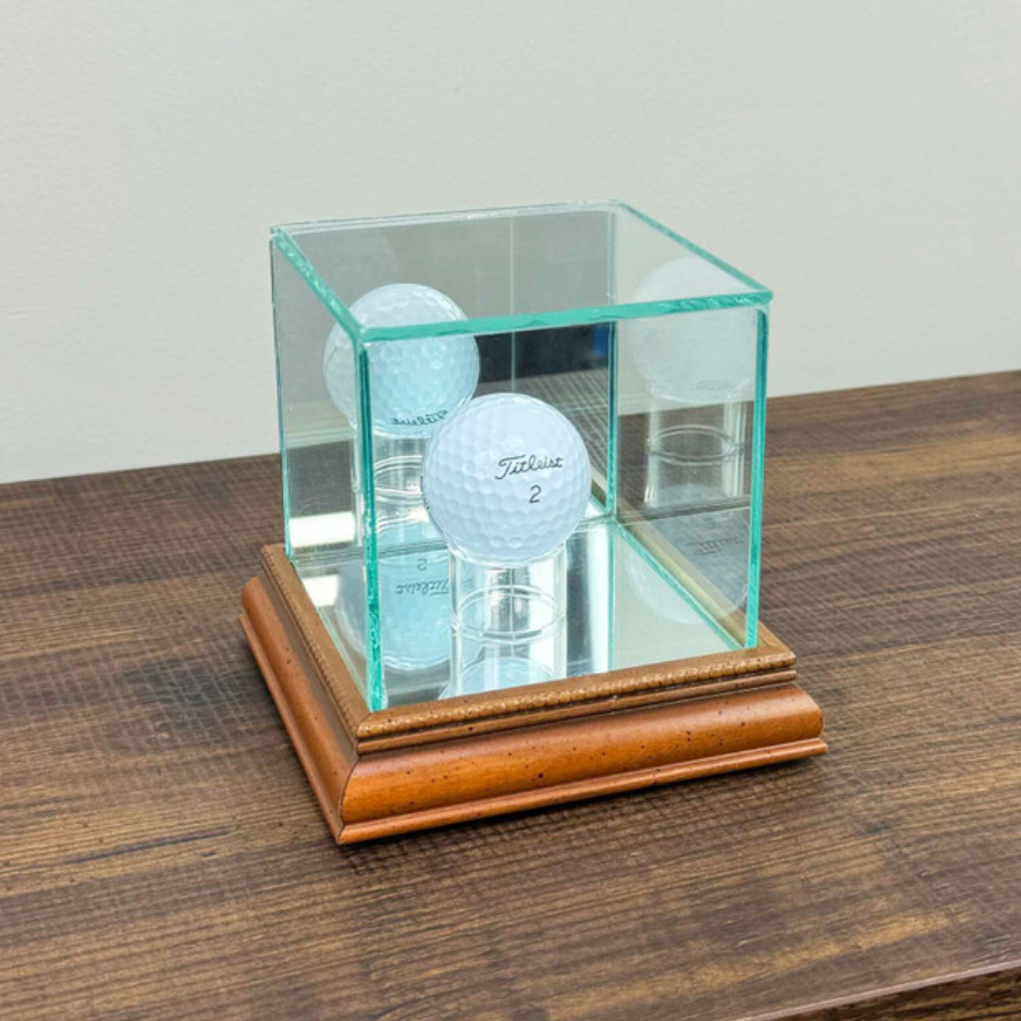 Real Glass Golf Ball Display Case UV Protection Hole in One Walnut Wood