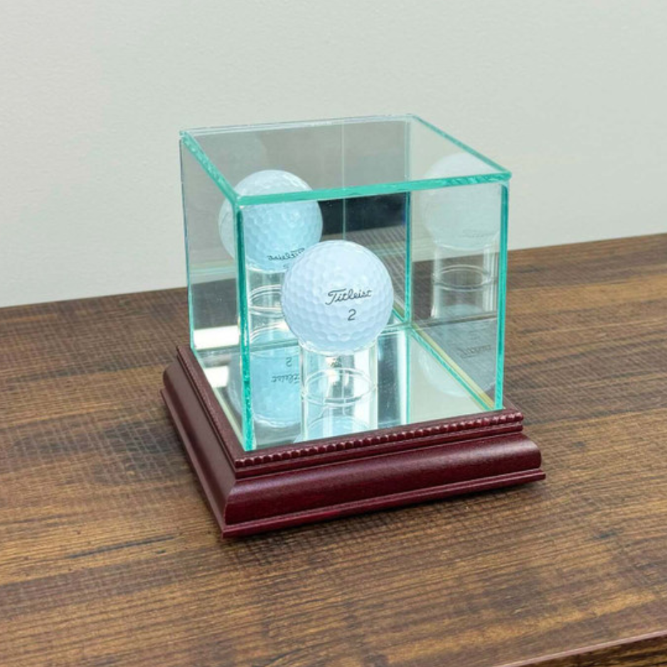 Real Glass Golf Ball Display Case UV Protection Hole in One Cherry Wood