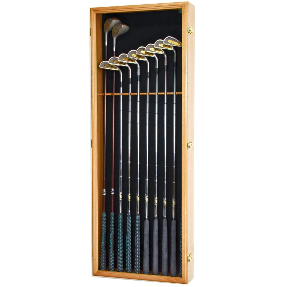 Large Golf Clubs Display Case Cabinet (Driver, Iron, Putter) UV Protection Oak Wood