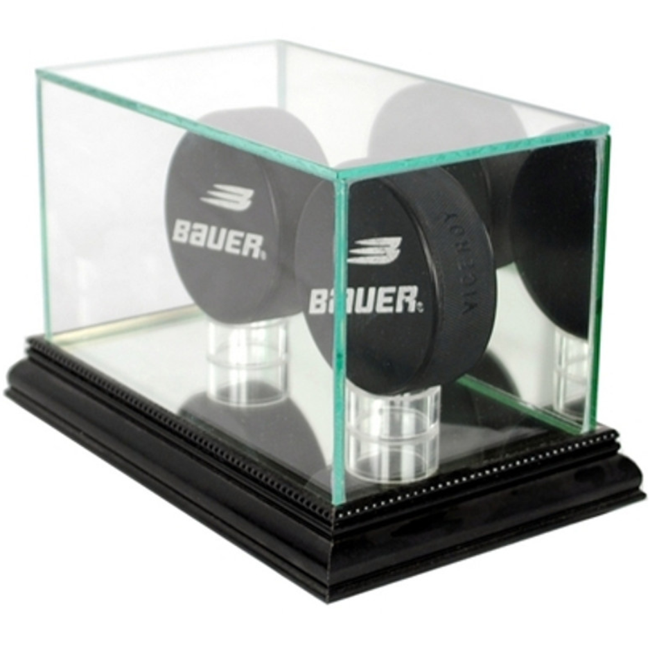 Real Glass Double Puck Display Case Holder UV Protection NHL Black Wood