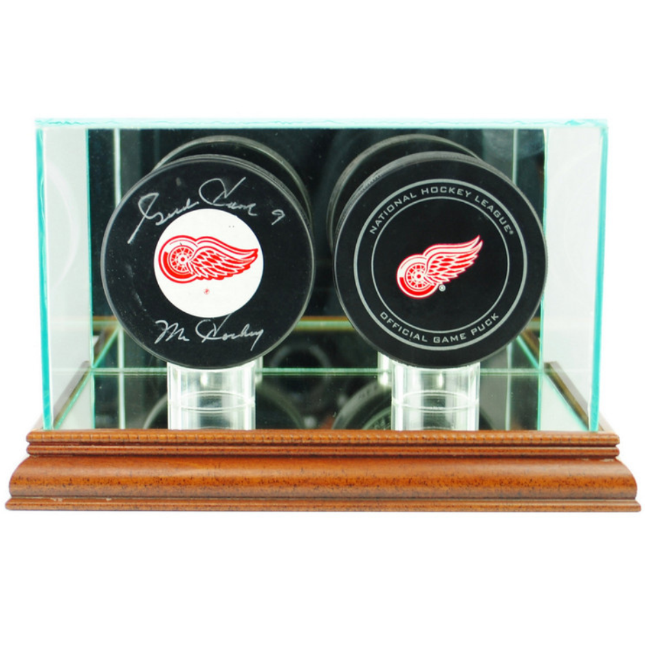 Real Glass Double Puck Display Case Holder UV Protection NHL Walnut Wood