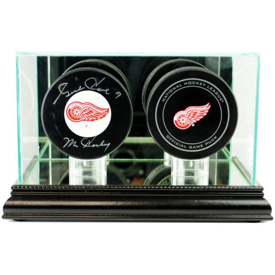 Real Glass Double Puck Display Case Holder UV Protection NHL Black Wood