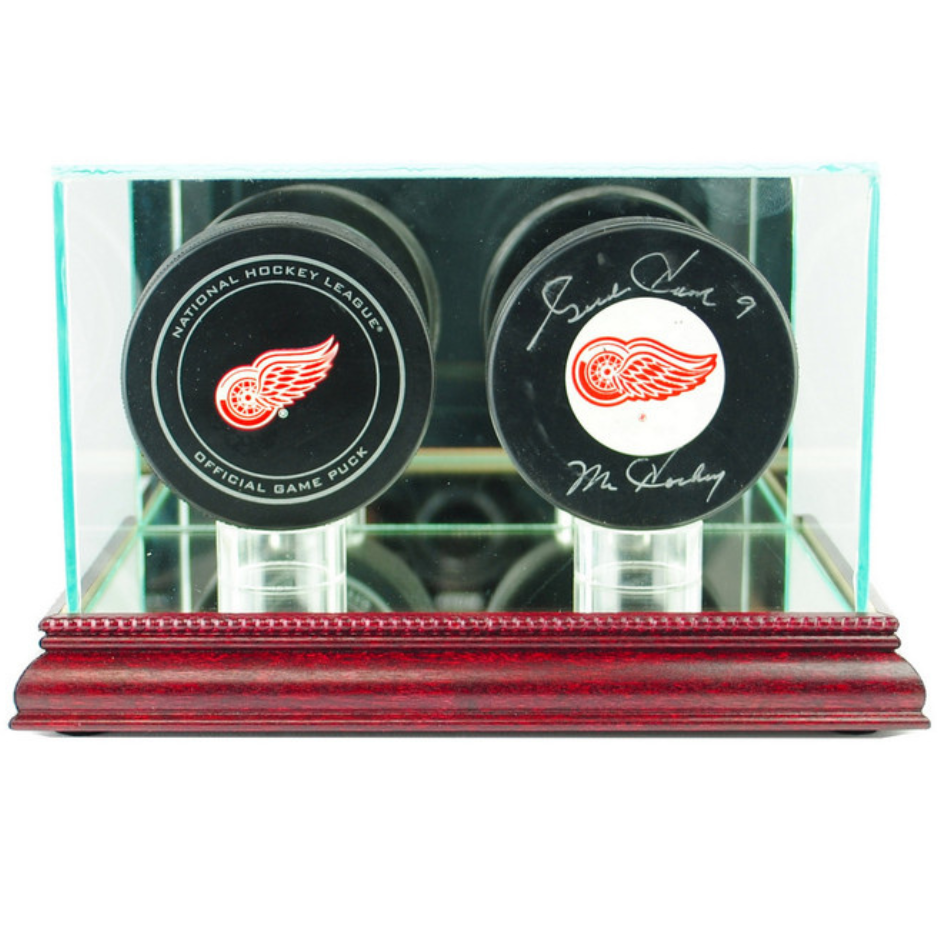 Real Glass Double Puck Display Case Holder UV Protection NHL Cherry Wood