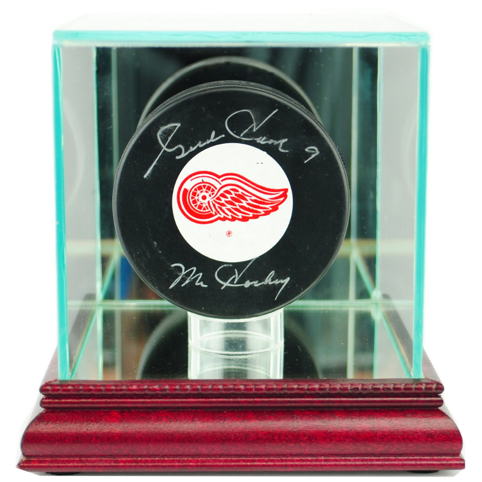 Real Glass Single Puck Display Case Holder UV Protection NHL Cherry Wood