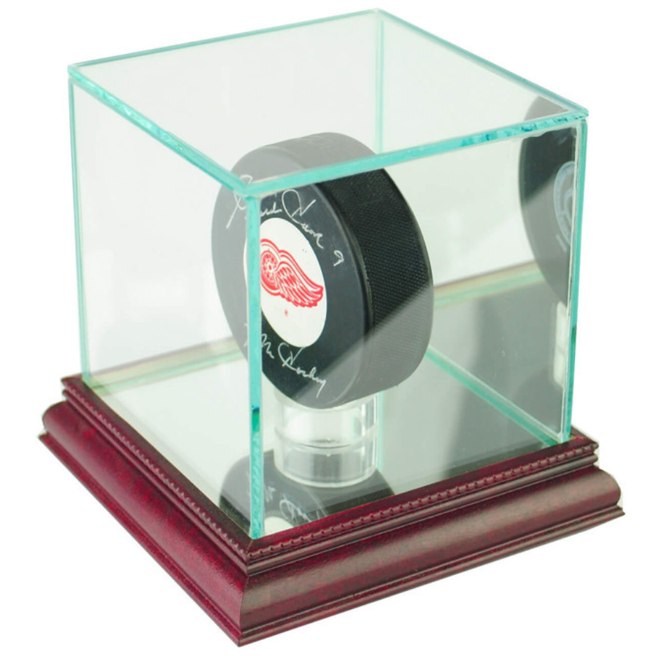 Real Glass Single Puck Display Case Holder UV Protection NHL Cherry Wood