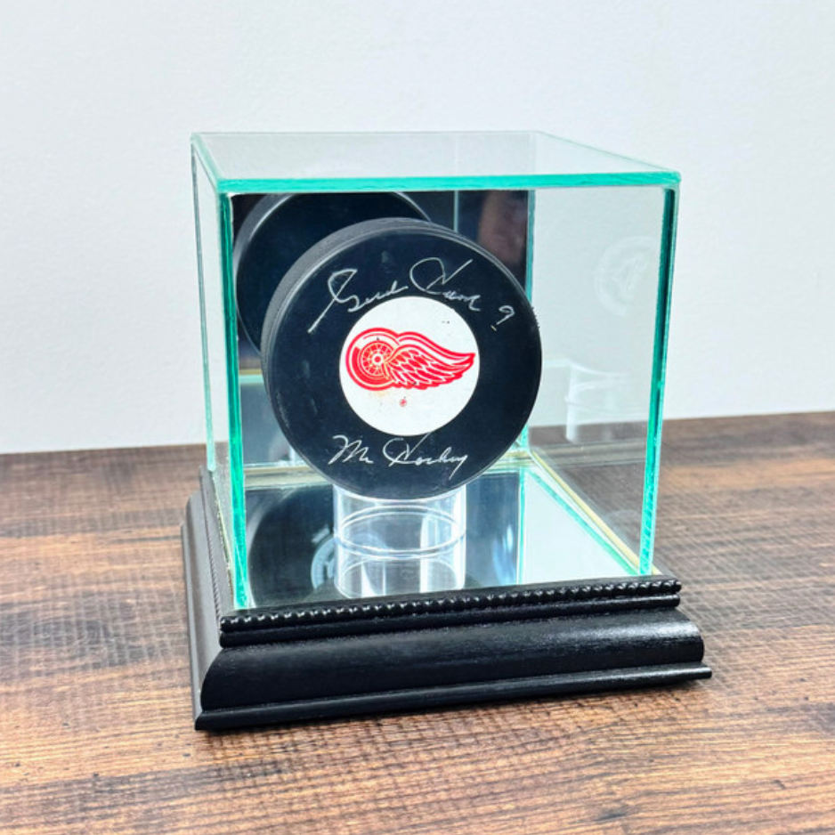 Real Glass Single Puck Display Case Holder UV Protection NHL Black Wood