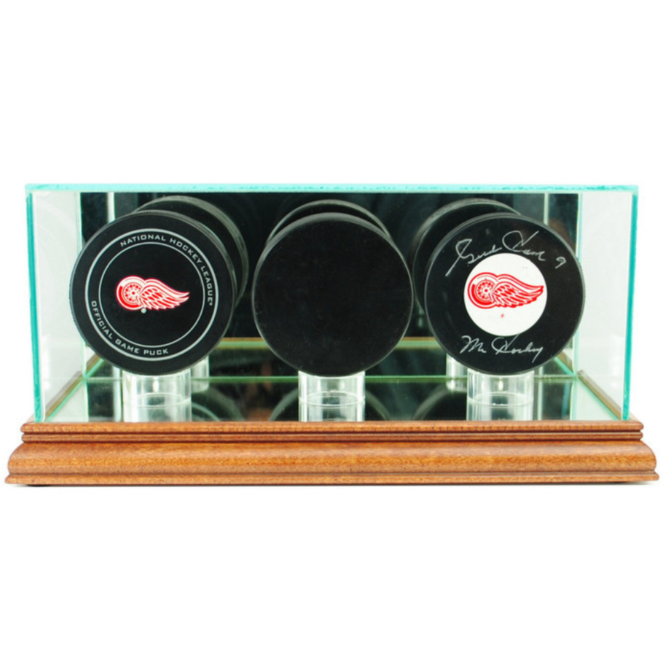 Real Glass Triple Puck Display Case UV Protection NHL Walnut Wood