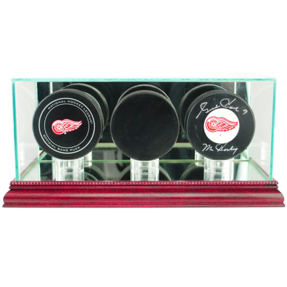 Real Glass Triple Puck Display Case UV Protection NHL Cherry Wood