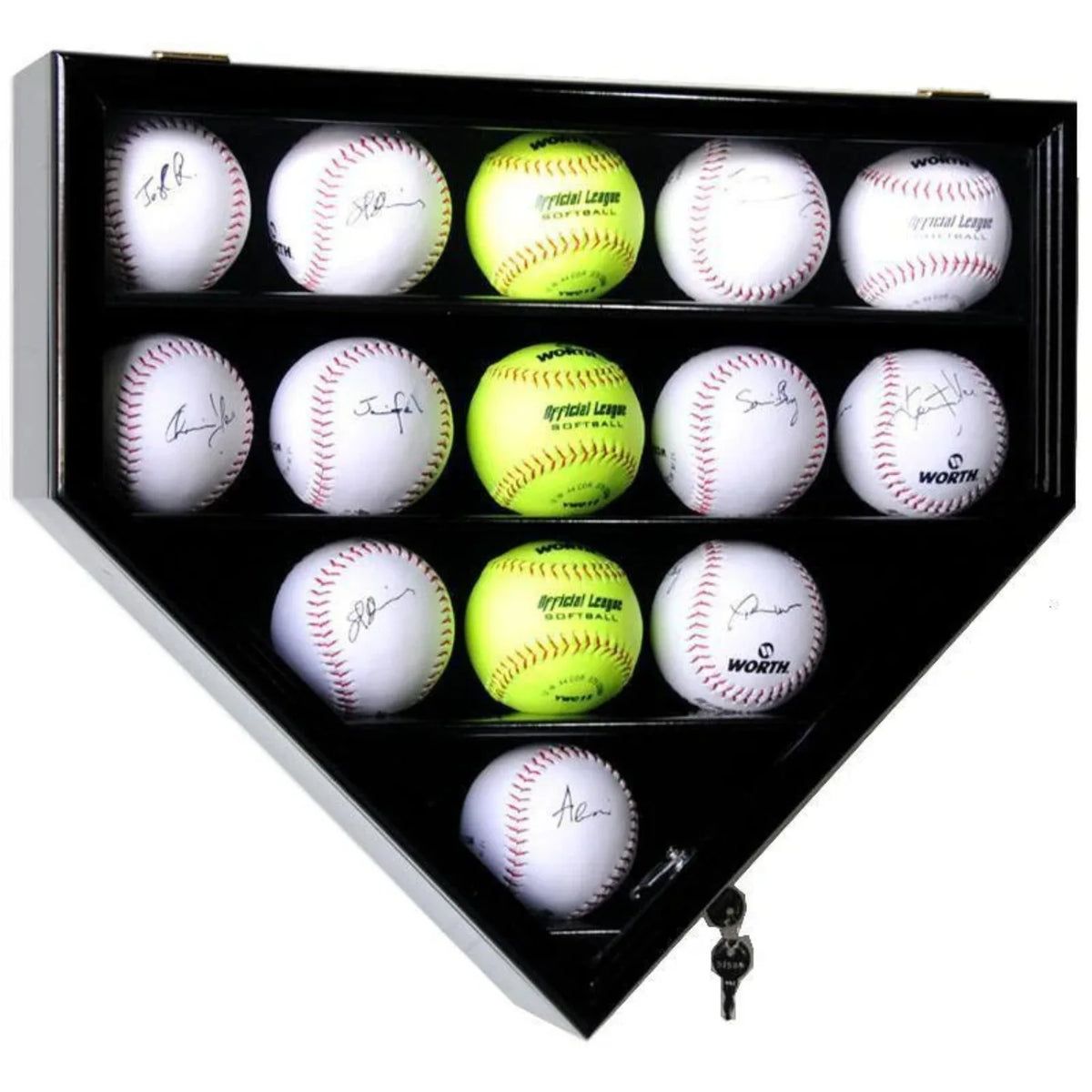 14 Softball Ball Display Case Cabinet - Home Plate Shaped Black Wood Frame