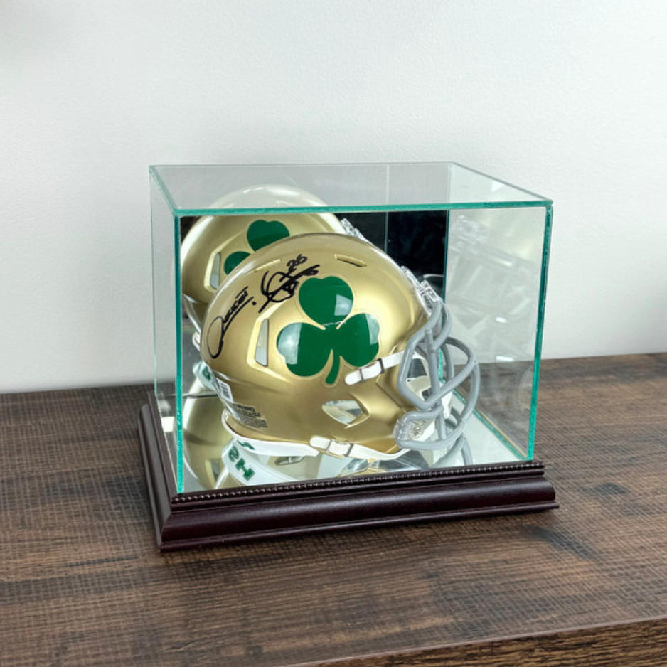Real Glass Mini Football Helmet Display Case UV Protection Cherry Wood