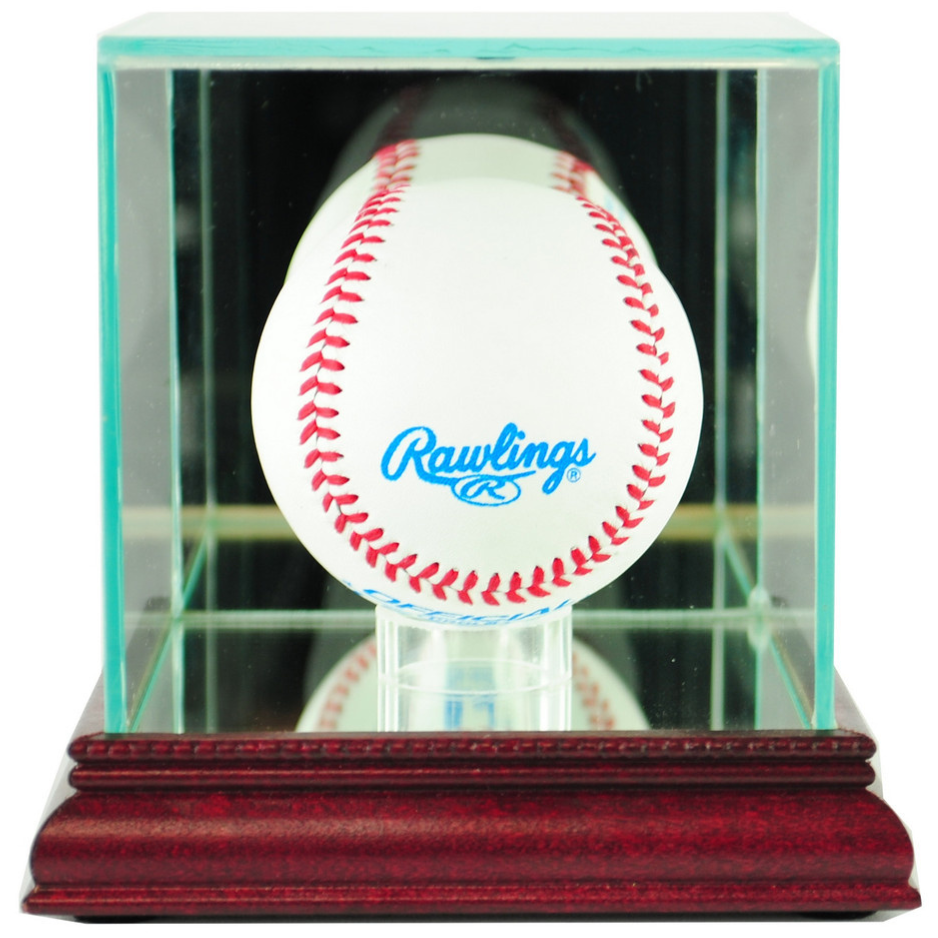 Real Glass Single Baseball Display Case UV Protection Cherry Wood