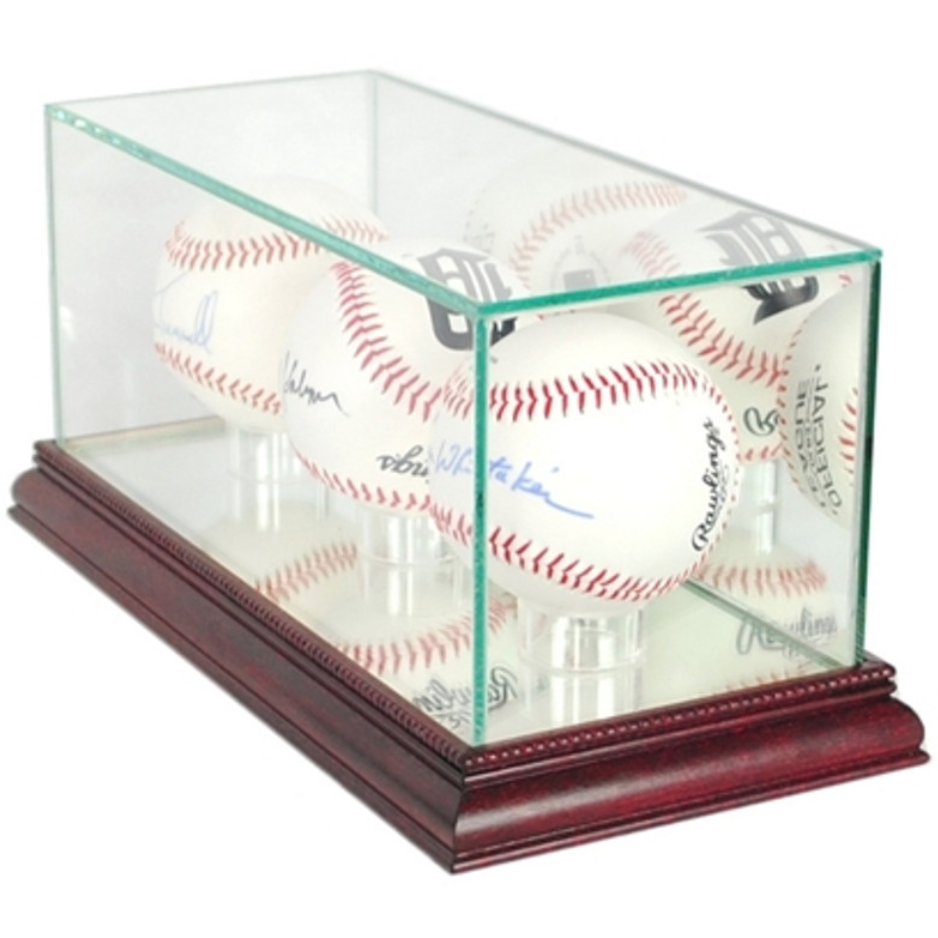 Real Glass Triple Baseball Display Case Cherry Wood UV Protection MLB Ball Holder