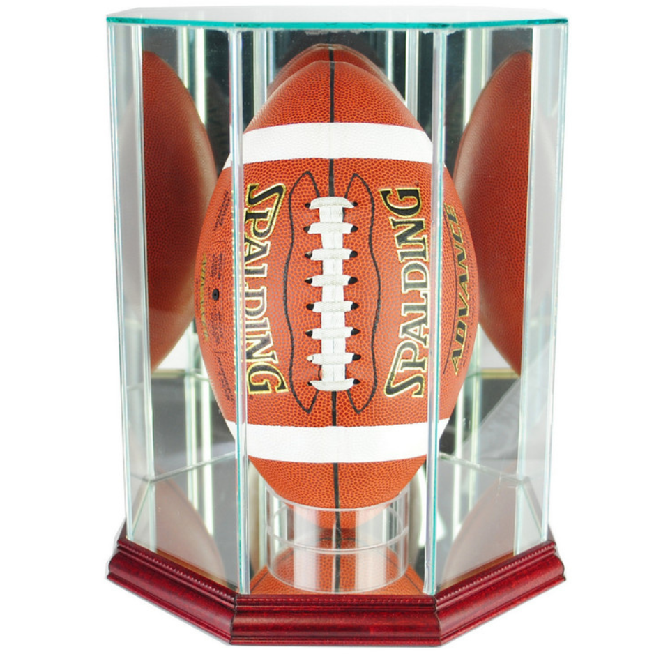Real Glass Upright Football Display Case UV Protection NFL Cherry Wood