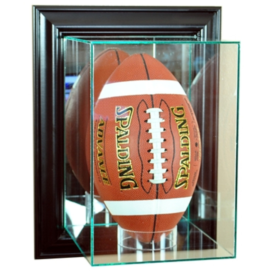 Real Glass Wall Mounted Upright Football Display Case UV Protection NFL NCAA Full Size Football Black Wood