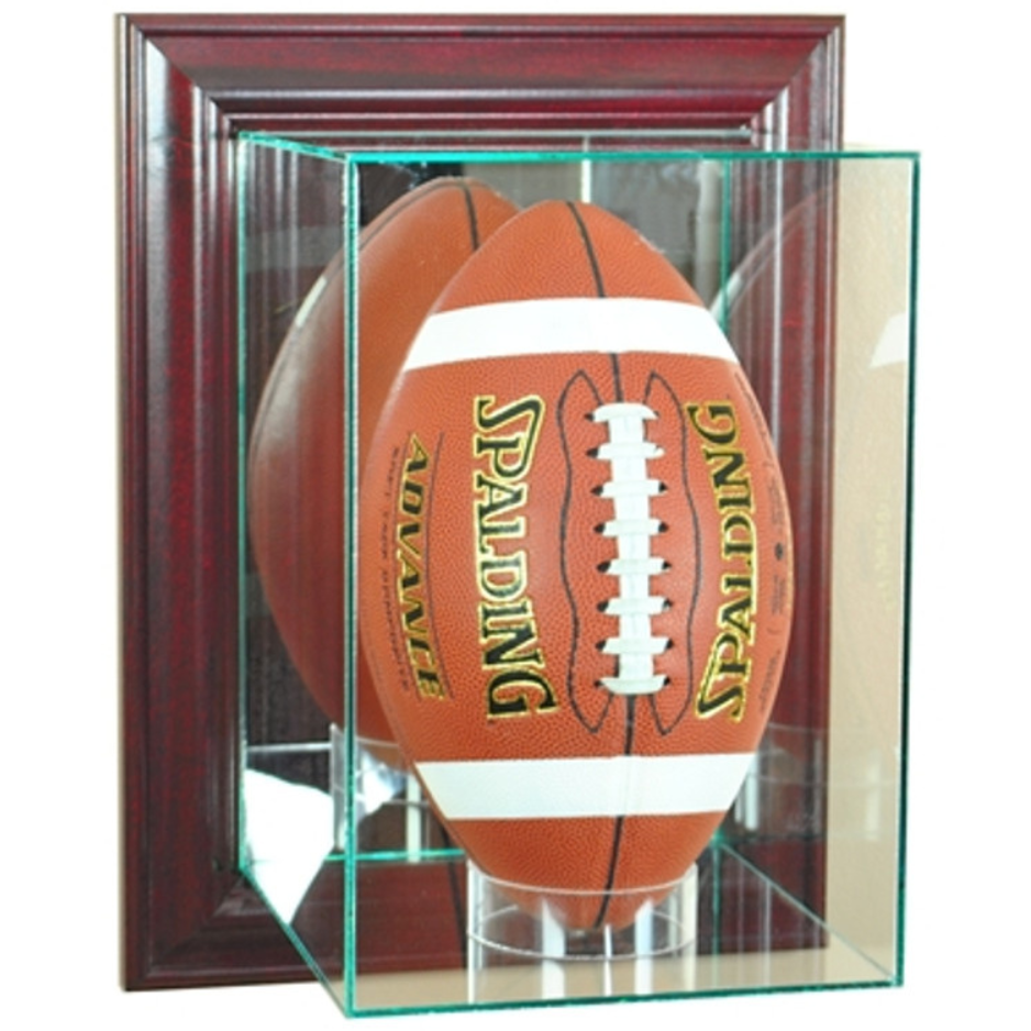 Real Glass Wall Mounted Upright Football Display Case UV Protection NFL NCAA Full Size Football Cherry Wood