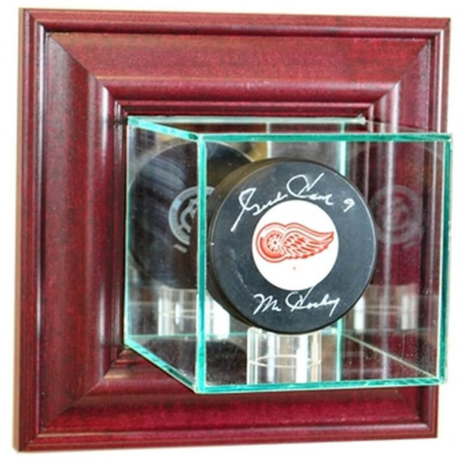 Real Glass Wall Mounted Single Puck Display Case UV Protection NHL Cherry Wood