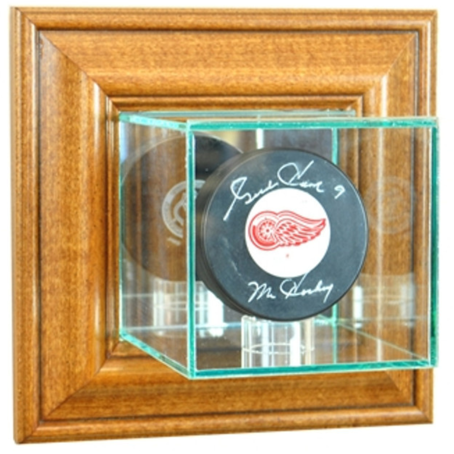 Real Glass Wall Mounted Single Puck Display Case UV Protection NHL Walnut Wood