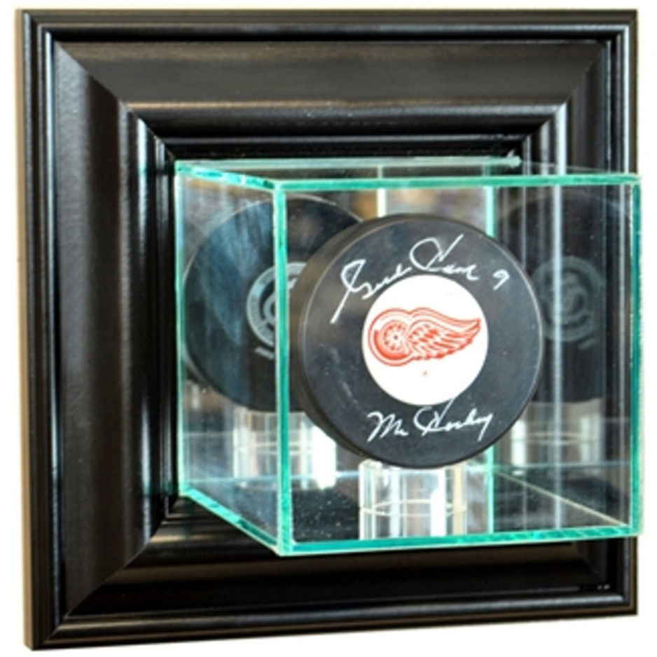 Real Glass Wall Mounted Single Puck Display Case UV Protection NHL Black Wood