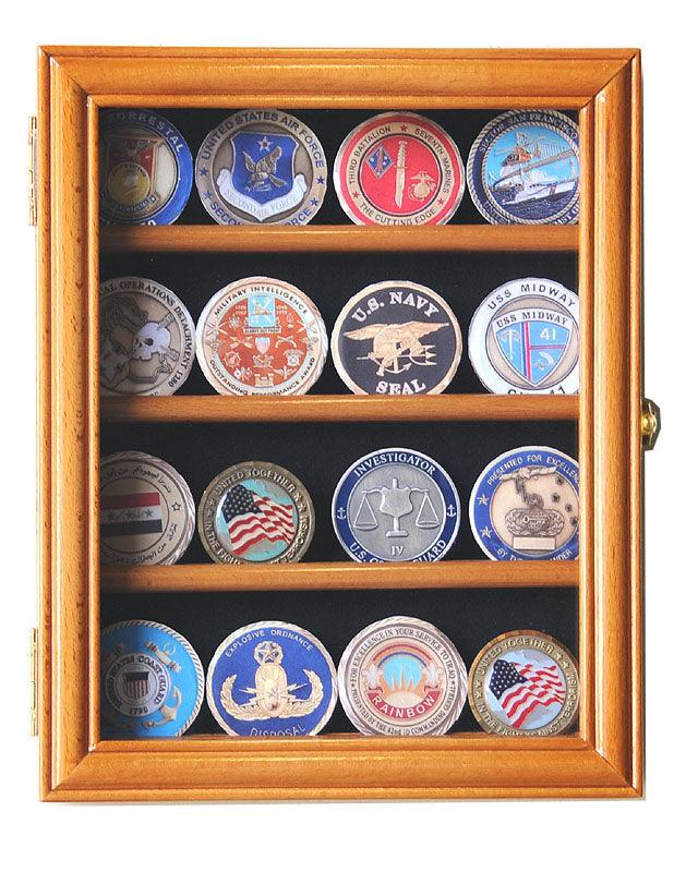 16 Military Challenge Coin Display Case Cabinet Oak UV Protection Oak