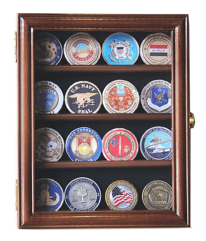 16 Military Challenge Coin Display Case Cabinet Oak UV Protection Walnut