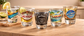 collectible shot glasses displayed on countertop representing travel and brewery souvenirs ideal for shot glass display case cabinet collections