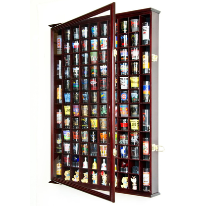 108 Shot Glass Display Case Cabinet UV Protection Cherry Wood