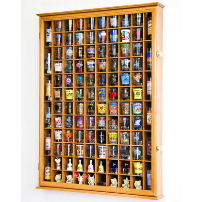 108 Shot Glass Display Case Cabinet UV Protection Oak Wood