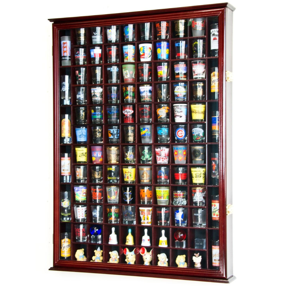 108 Shot Glass Display Case Cabinet UV Protection Cherry Wood