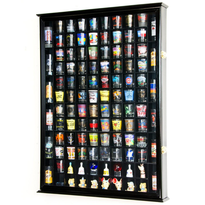 108 Shot Glass Display Case Cabinet UV Protection Black Wood
