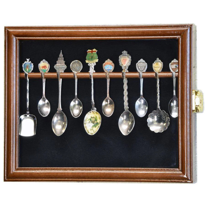 10 Souvenir Spoon Rack Display Case Cabinet UV Protection Walnut Wood