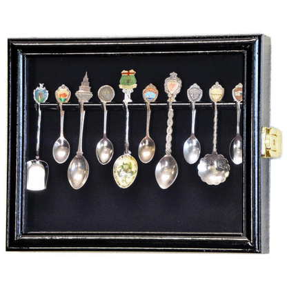 10 Souvenir Spoon Rack Display Case Cabinet UV Protection Black Wood