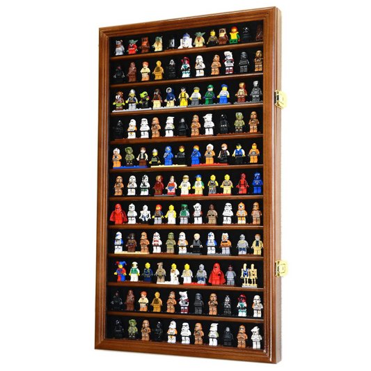 120 Mini Figures / Miniatures / Figurines Display Case Cabinet UV Protection Lego Walnut Wood