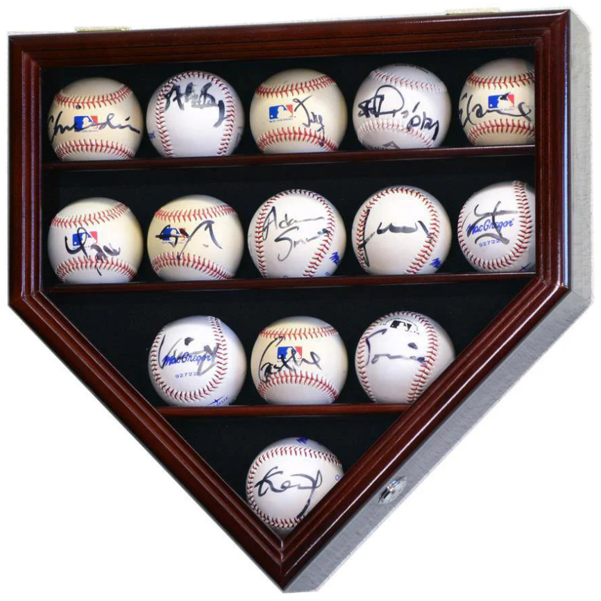 Cherry baseball display case holder with UV Protection. Holds 14 autographed baseballs arranged in a home plate shape.