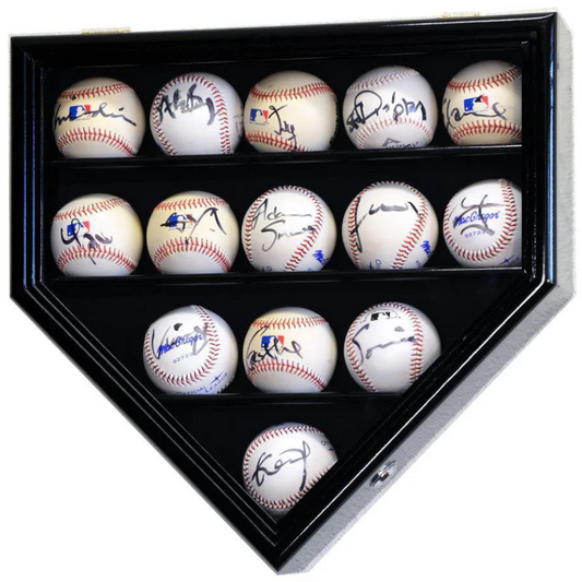 Black baseball display case holder with UV Protection. Holds 14 autographed baseballs arranged in a home plate shape.