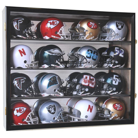 16 Mini Helmet Display Case Cabinet (Mirror Back) UV Protection Black Wood