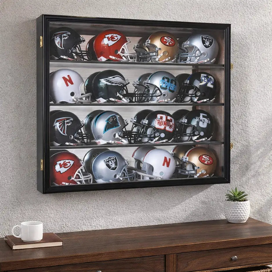 Display Zone 16 Mini Helmet Display Case Cabinet (Mirror Back) UV Protection Black Wood