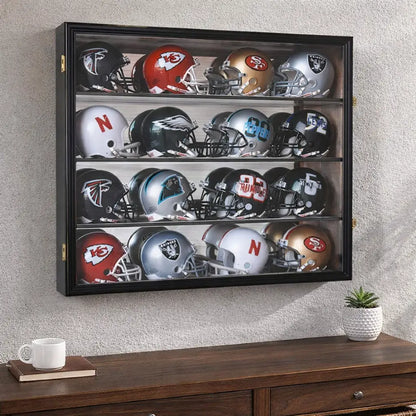 Display Zone 16 Mini Helmet Display Case Cabinet (Mirror Back) UV Protection Black Wood