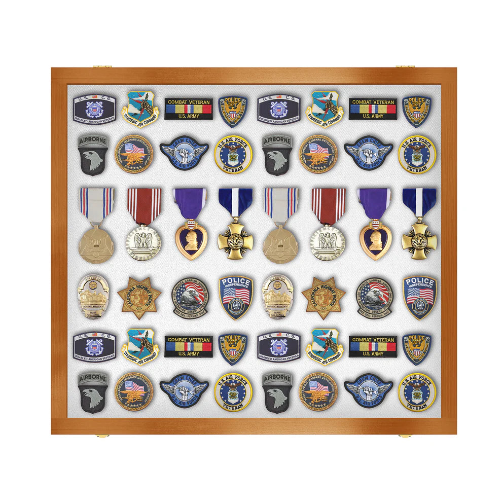 Medals, Pins, Awards, Ribbons, Insignia, & Patches Display Case - Large UV Protection Walnut Wood