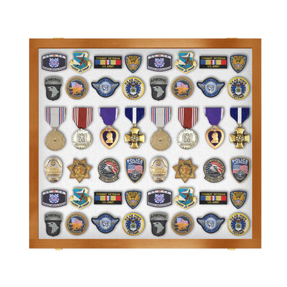 Medals, Pins, Awards, Ribbons, Insignia, & Patches Display Case - Large UV Protection Walnut Wood