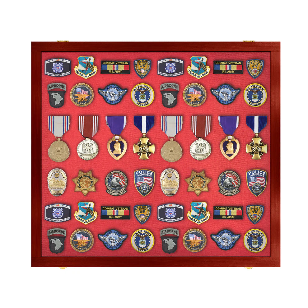 Medals, Pins, Awards, Ribbons, Insignia, & Patches Display Case - Large UV Protection Cherry Wood