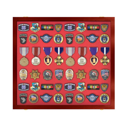 Medals, Pins, Awards, Ribbons, Insignia, & Patches Display Case - Large UV Protection Cherry Wood