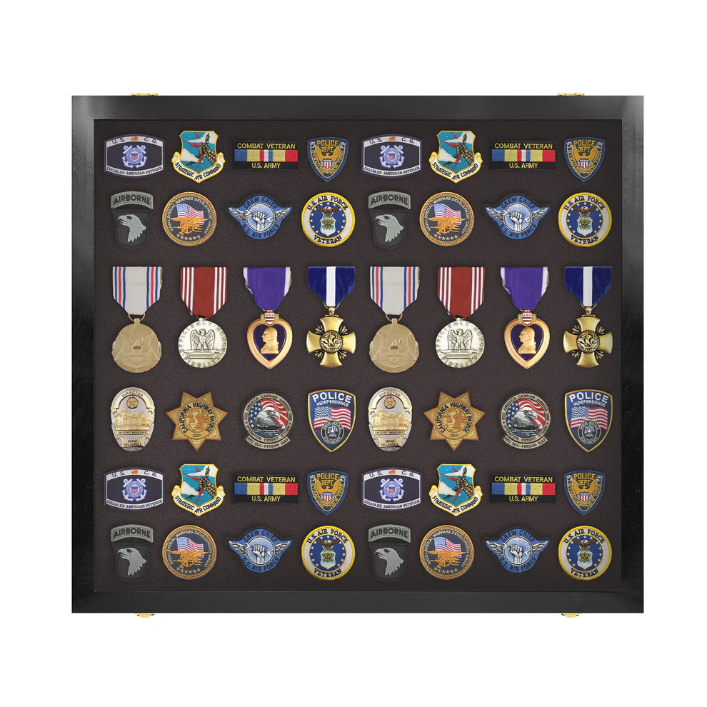 Medals, Pins, Awards, Ribbons, Insignia, & Patches Display Case - Large UV Protection Black Wood