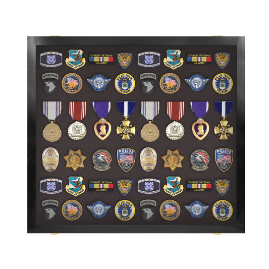 Medals, Pins, Awards, Ribbons, Insignia, & Patches Display Case - Large UV Protection Black Wood