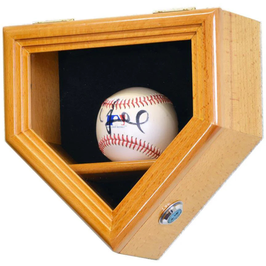 Oak baseball display case holder with UV Protection. Holds 1 autographed baseballs arranged in a home plate shape.