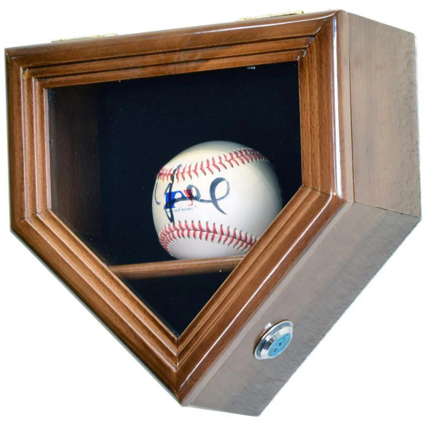 Walnut baseball display case holder with UV Protection. Holds 1 autographed baseballs arranged in a home plate shape.