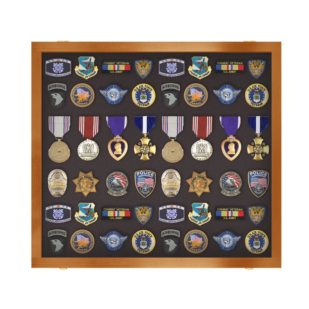 Medals, Pins, Awards, Ribbons, Insignia, & Patches Display Case - Large UV Protection Walnut Wood