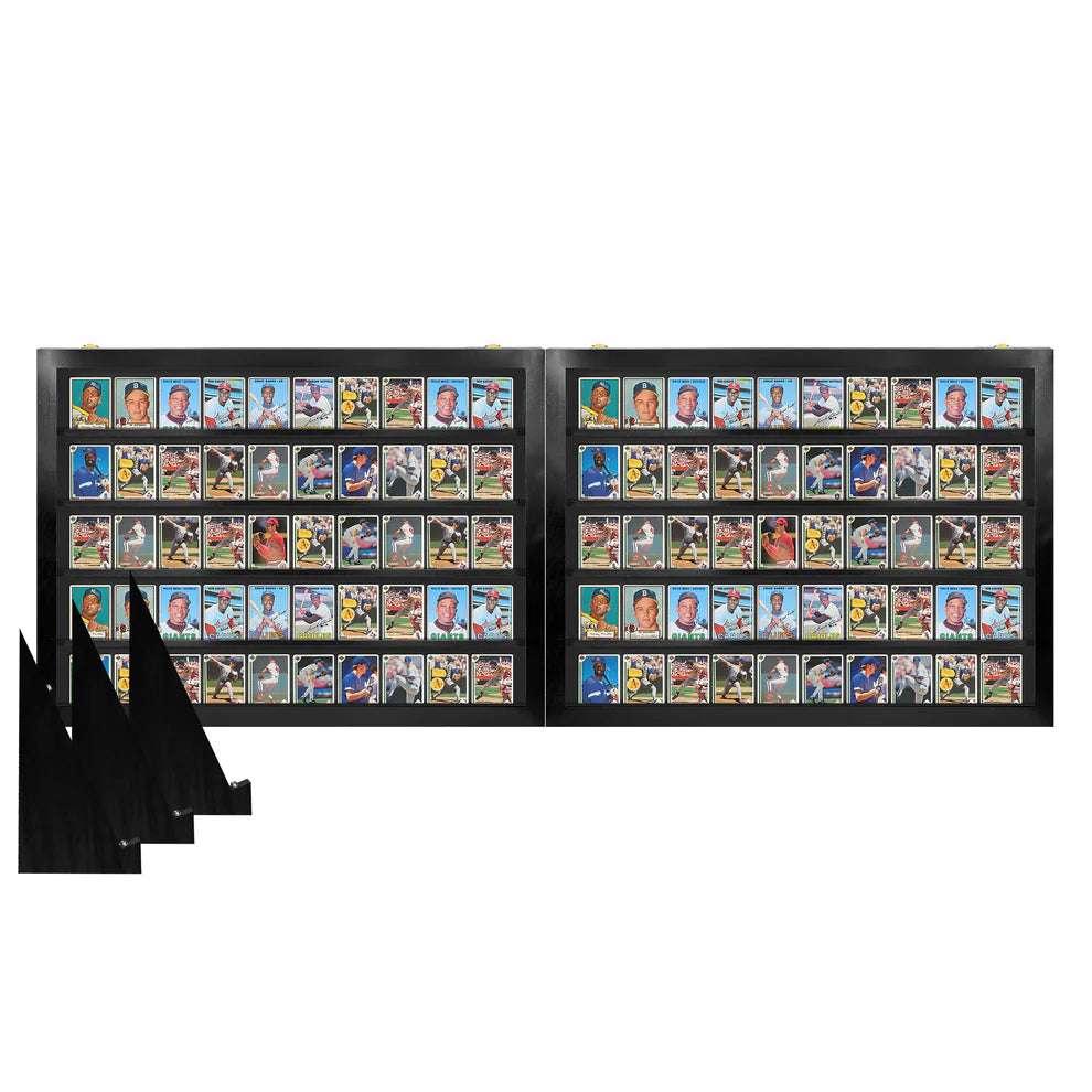 Two black display cases filled with collectible trading cards on a white background