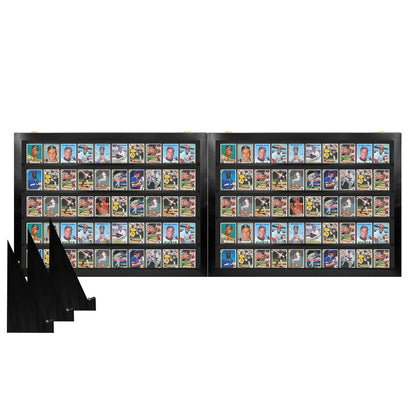 Two black display cases filled with collectible trading cards on a white background