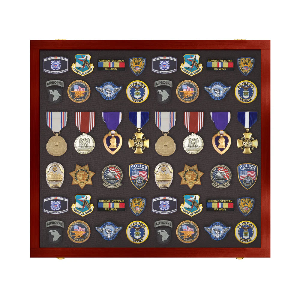 Medals, Pins, Awards, Ribbons, Insignia, & Patches Display Case - Large UV Protection Cherry Wood
