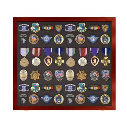 Medals, Pins, Awards, Ribbons, Insignia, & Patches Display Case - Large UV Protection Cherry Wood